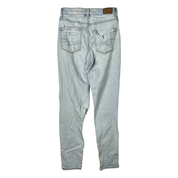 American Eagle AE Mom Jean Destroyed Ripped Denim Tapered Mid Rise Light Wash 00 - Picture 2 of 9
